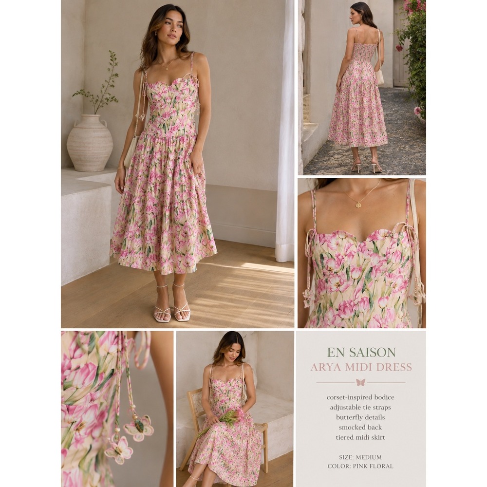 En Saison M Pink Tulip Floral Corset Midi Dress Cottagecore Garden Romantic NWT